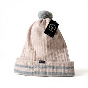 Volcom Wiltern Snowboarding Beanie Hat Pink Gray Hidden Face Mask Winter Pom Pom